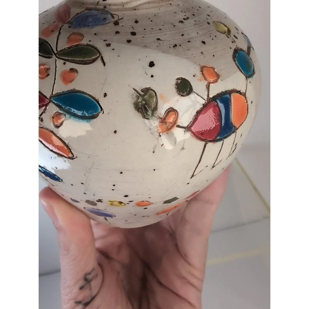 Glazed Handmade Pot/Vase Colorful Design Signed & Dated Contemporary, Cute Bugs?